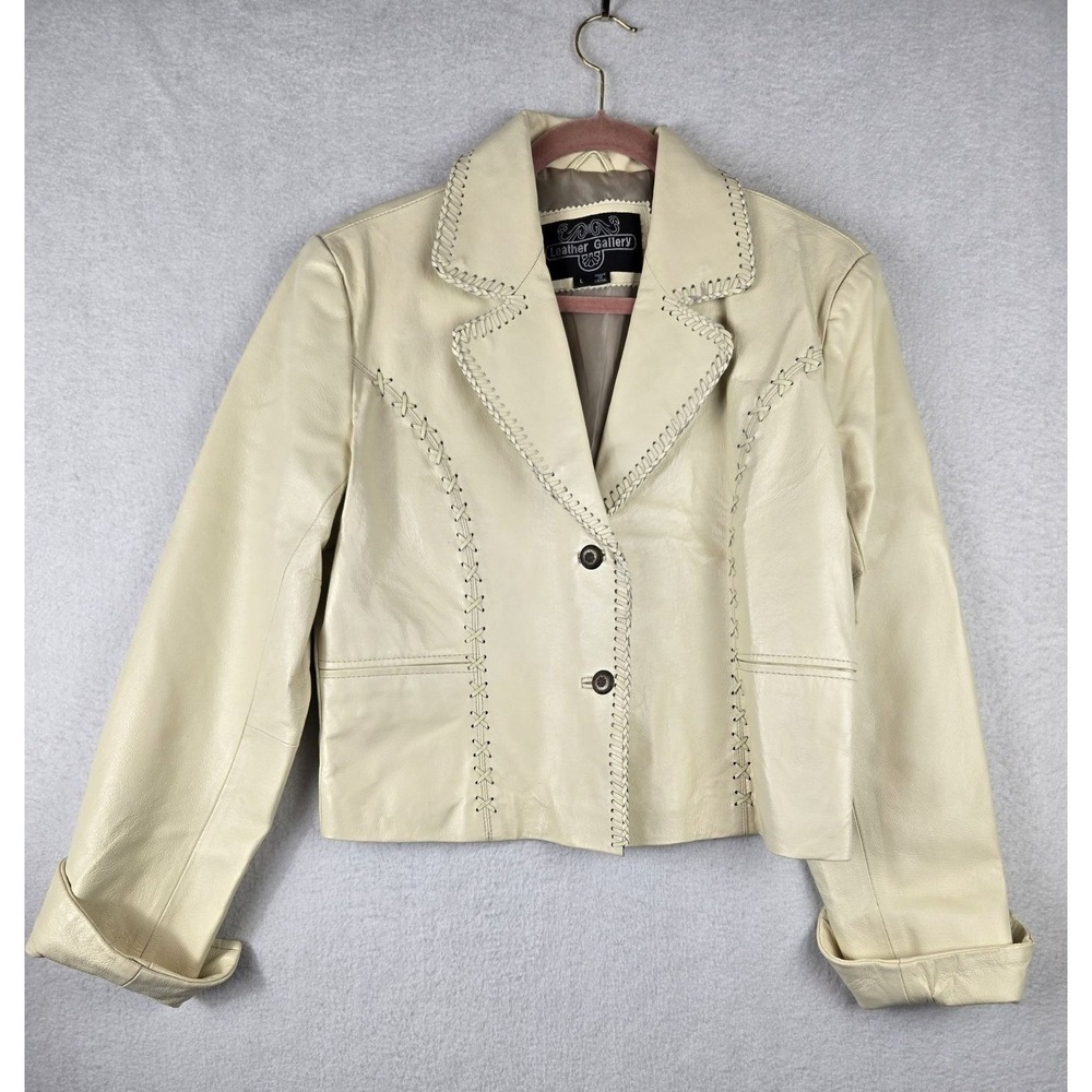 Leather Gallery Womens Blazer Jacket Size L Beige Leather Cropped